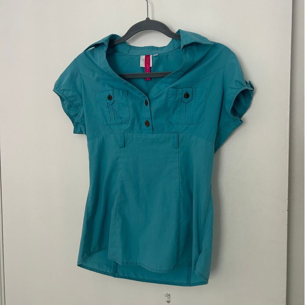 Vintage Y2K Babydoll Office Blue Pocket Blouse